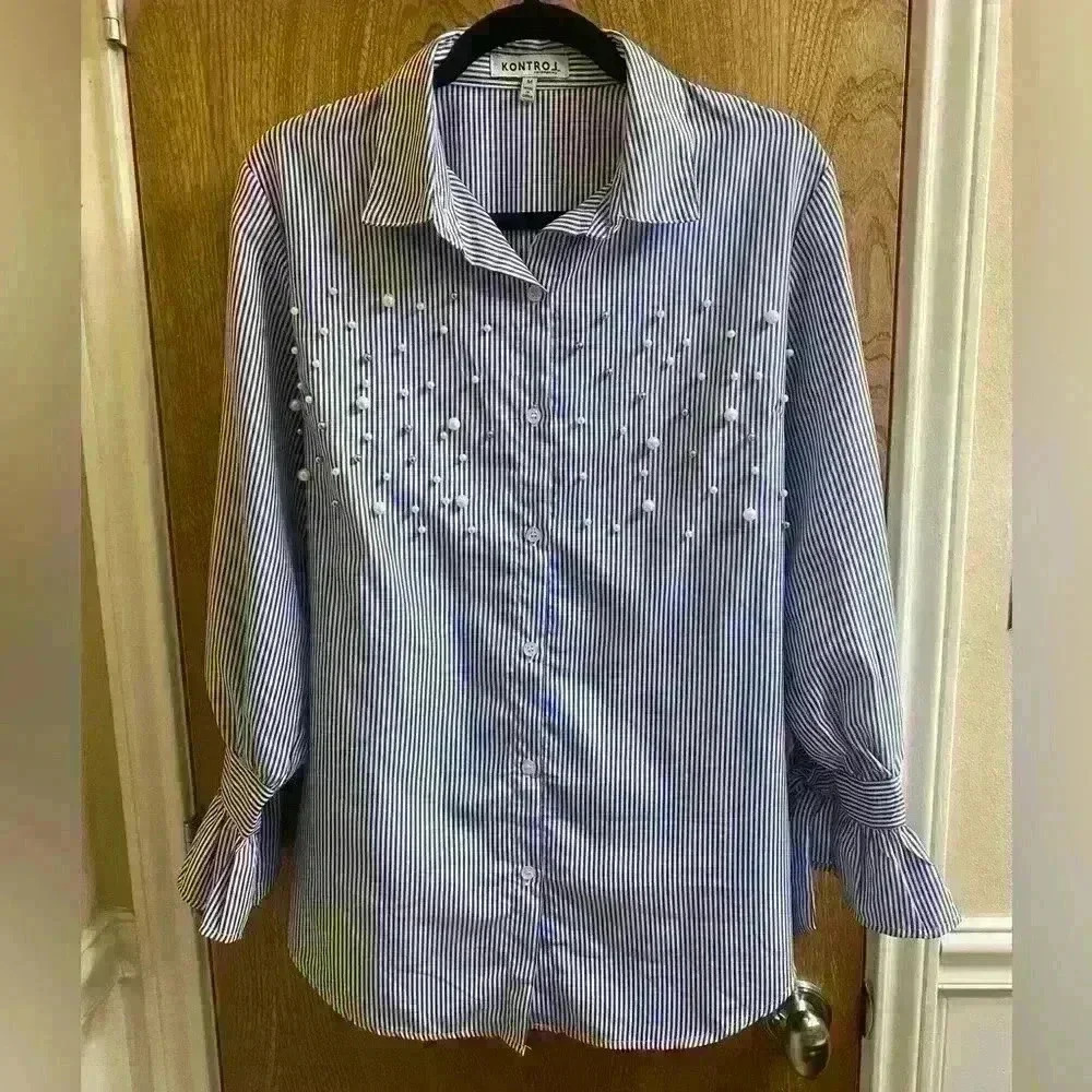 Kontrol Button Blue and White Stripe Long Sleeve Blouse with Pearl Studs Size M